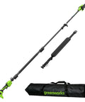 Heavy Duty 24V Brushless Cordless Pole Saw With Eight Inch Guide Bar Cracks Through Thick Limbs And Garden Overhaul with carrying bag.