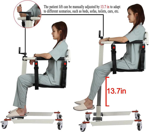 No Sweat Patient Lift Transfer Chair For Home Or Car Lightweight Bedside Wheelchair Commode Seat For Elderly With Heavy Duty 275 Lb Capacity And Smooth Swing Base, side view showing adjustable height and design.