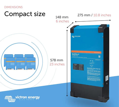 MultiPlus-II 2X Pure Sine Wave Inverter Charger dimensions 6x10.8x23 inches with compact design for 120 Amp Battery 120V Output 3000VA