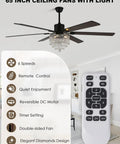 Bella Depot 65" Crystal Fandelier Low Profile Ceiling Fan with Light featuring remote control and elegant design.
