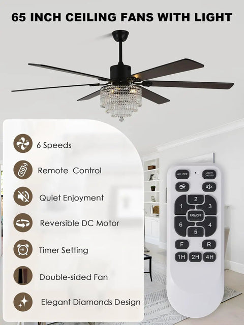 Bella Depot 65" Crystal Fandelier Low Profile Ceiling Fan with Light featuring remote control and elegant design.