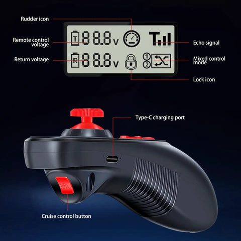 DS600 6CH 2 4Ghz RC Transmitter And Receiver Remote Controller With PWM RX for RC Boat, ergonomic grip with screen display.