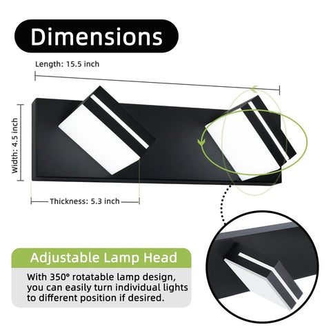 Dimensions and adjustable feature of Two Light Bathroom Vanity Light In Matte Black Modern 16W LED Dimmable Over Mirror With 350 Degree Adjustable Head Cold White 6000K ETL Listed 15.5 Inch.