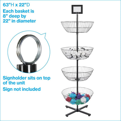 Heavy Duty Four Tier Wire Floor Spinner Rack With Drop Bin And Stocking Cart For Top Shelf Retail Shops Or No Fuss Home Organization In Sleek Black Finish