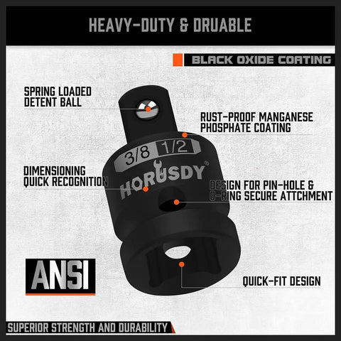 Close-up of Heavy Duty Impact Socket Adapter And Reducer Set, 3/8 and 1/2 inch size, black oxide coating, labeled features.