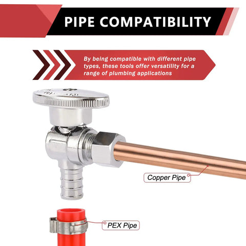 Pipe compatibility of Pack Of 20 One Quarter Turn Angle Stop Valves For PEX Systems Three Eighths Inch OD Compression To Half Inch PEX Chrome Plated Lead Free Brass Compatible With Clamp And Copper Crimp.