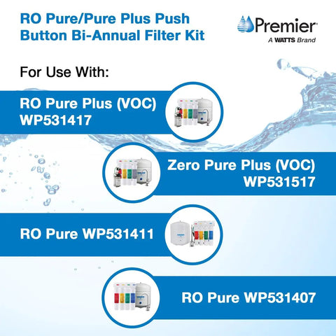 Bi Annual 2 Pack RO Pure Plus Filter Kit chart for 4 Stage Reverse Osmosis Systems, under sink with push button filters.