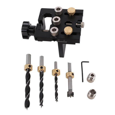 Pro Grade Heavy Duty Aluminum Alloy Doweling Jig With Self Centering Drill Guide For Cabinet Making And Furniture Assembly Includes 6mm 8mm 10mm Drill Bits And 12mm Eccentric Wheel Hole Punch For Precise Panel Joining displayed with drill bits and accessories.