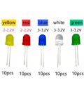 10mm LED Diode Kit 50 Pieces Assortment Of Red Yellow Blue Green White 5 Colors Diffused High Brightness LEDs for Arduino
