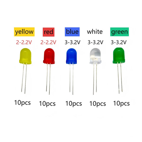 10mm LED Diode Kit 50 Pieces Assortment Of Red Yellow Blue Green White 5 Colors Diffused High Brightness LEDs for Arduino