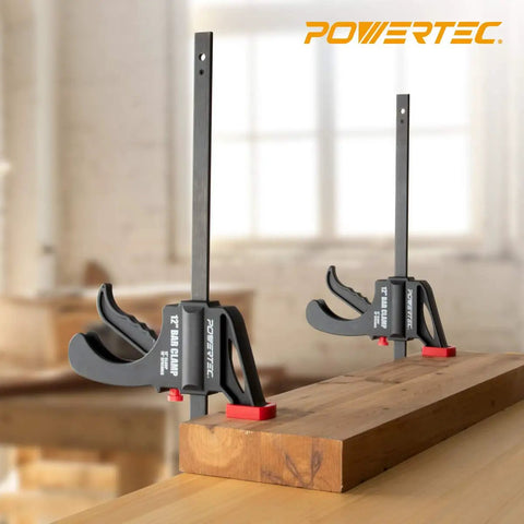 24 Inch Quick Release Bar Clamp With 30 Inch Spreader, Ratcheting Design in use on wooden workbench, 2 Pack