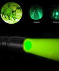 Upgraded Zoomable RGBW Flashlight With Four Color Modes Green Red Blue White Memory for night vision showing green beam and zoom feature.