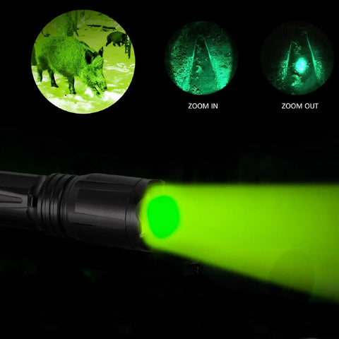 Upgraded Zoomable RGBW Flashlight With Four Color Modes Green Red Blue White Memory for night vision showing green beam and zoom feature.
