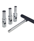 4 Piece Glow Plug Socket Set with Three Eighths Inch Drive T Bar showing 8mm 10mm 12mm sockets and universal joint
