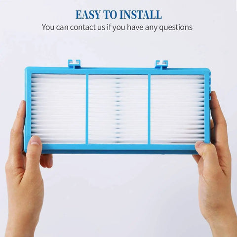 Hands holding blue True HEPA filter replacement 4 pack for Holmes AER1 Series HAPF30AT and HAPF300AT, easy to install.
