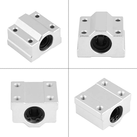 Top Shelf 8mm Linear Ball Bearing Blocks Built Tough For CNC Routers 3D Printers And Home Workshops Smooth Glide Heavy Duty Linear Motion Sliding Rails Four Piece Pack, aluminum bearing blocks from multiple angles.