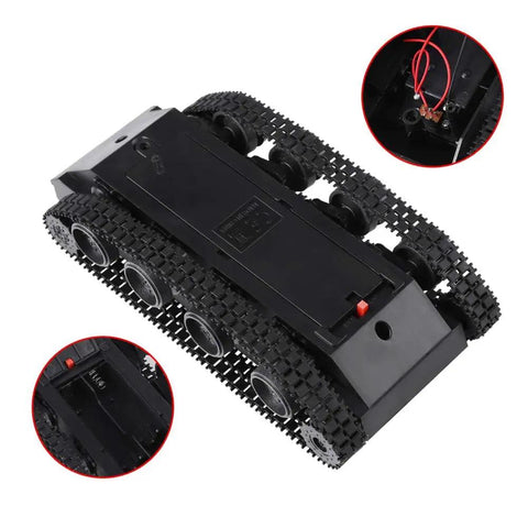 Lightweight Shock Absorbing Plastic Tank Chassis With 130 Motor, 3V-7V Power Range, showing black tank base with wires.