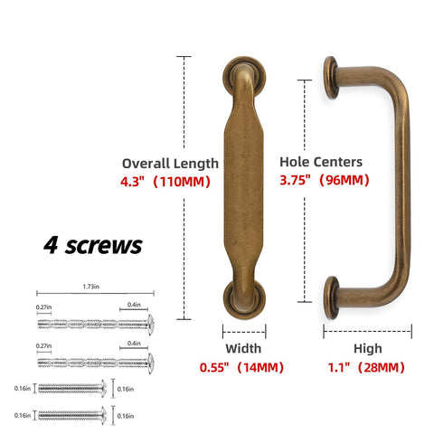 Antique Brass Cabinet Pulls 3-3/4 Inch (96mm) 10 Pack dimensions and included screws, alloy handles for kitchen cabinets and drawers