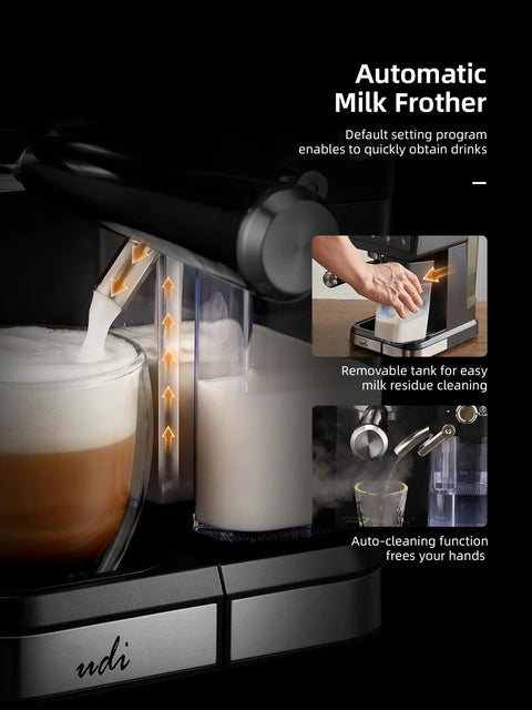 Automatic milk frother from Big Time 20 Bar Espresso Machine And 9 In 1 Coffee Maker With Glowing Led Panel, easy milk cleaning.