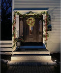 House entrance lit by 12W Outdoor Spot Lights With Transformer Hella Bright Warm White LED Landscape Lighting Kit For Yard Garden House Lawn Trees And Flags IP66 Waterproof 4 Pack For Patio Path Driveway And Christmas Lights.