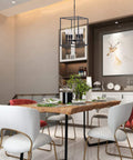 Black Classic Farmhouse 6 Light Pendant Chandelier With Square Cage Shades hanging in modern dining room.
