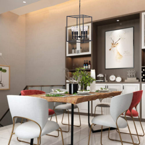 Black Classic Farmhouse 6 Light Pendant Chandelier With Square Cage Shades hanging in modern dining room.