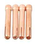 Heavy Duty 4 Pack TIG Welding Torch Collets Kit 10N22 Through 10N25 Fits WP17 WP18 WP26 Air Cooled Torches Copper Gas Lens Nozzles For 1mm To 3mm Rods, four copper collets lined up.