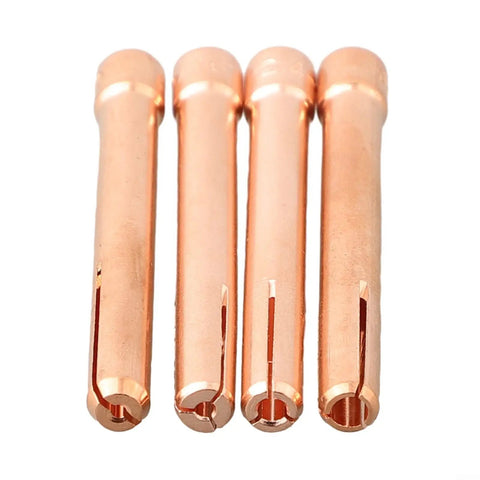 Heavy Duty 4 Pack TIG Welding Torch Collets Kit 10N22 Through 10N25 Fits WP17 WP18 WP26 Air Cooled Torches Copper Gas Lens Nozzles For 1mm To 3mm Rods, four copper collets lined up.
