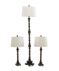 Polystone Floor Lamps Set Of 3 With Drum Shades In Brown Finish, Traditional Trapezoid Silhouette, One Tall 61 Inch And Two 30 Inch Lamps