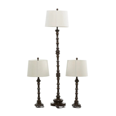 Polystone Floor Lamps Set Of 3 With Drum Shades In Brown Finish, Traditional Trapezoid Silhouette, One Tall 61 Inch And Two 30 Inch Lamps