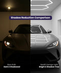 Shadow reduction comparison featuring car under bare bulb versus Hella Bright 384W LED Garage Light With 42 240 Lumens 6500K Daylight IP54 Waterproof Ceiling Fixture For Shops Garages Gyms Workshops Salons And Warehouses Hanging Kit Included