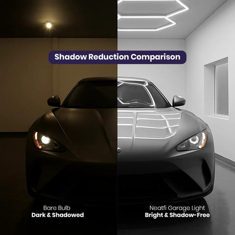 Shadow reduction comparison featuring car under bare bulb versus Hella Bright 384W LED Garage Light With 42 240 Lumens 6500K Daylight IP54 Waterproof Ceiling Fixture For Shops Garages Gyms Workshops Salons And Warehouses Hanging Kit Included