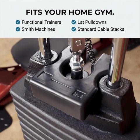 Close-up of 5 lb weight stack adapter plate for cable machines, designed for tough home gyms and standard weight stacks.