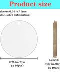 40 Pack Double Sided Metal Sublimation Ornament Blanks For Christmas Tree Decor And DIY Crafts, 2.75 Inch Round Aluminum Ornaments For Heat Press Printing, Personalize Gifts And Seasonal Decor, size detail with strings.