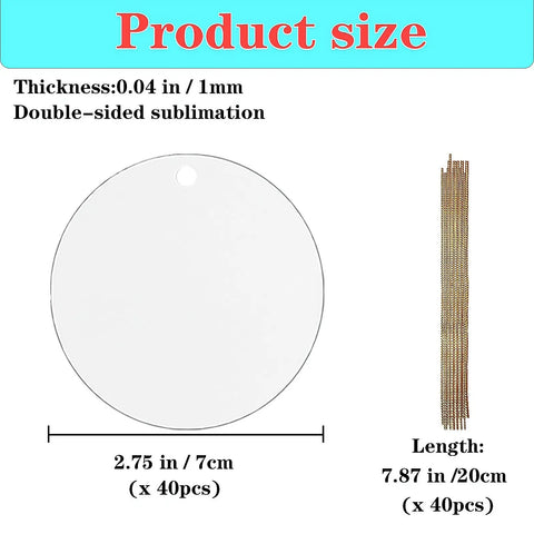 40 Pack Double Sided Metal Sublimation Ornament Blanks For Christmas Tree Decor And DIY Crafts, 2.75 Inch Round Aluminum Ornaments For Heat Press Printing, Personalize Gifts And Seasonal Decor, size detail with strings.