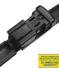 Close-up of Tesla Model 3 and Model Y Windshield Wiper Blades, 26 Inch and 19 Inch Replacement Set showing adapter mechanism with longevity label.