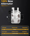 Heavy Duty Alternator For Kia Sedona 2002 To 2005 120 Amp 6 Groove Pulley side view showing silver finish and connector.