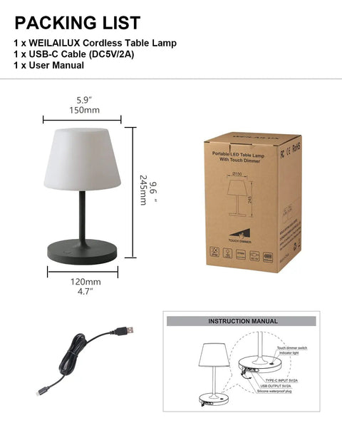 Cordless Outdoor Table Lamp With 4000mAh Battery Waterproof LED Night Light Touch Dimmable Desk Lamp packaging and cable