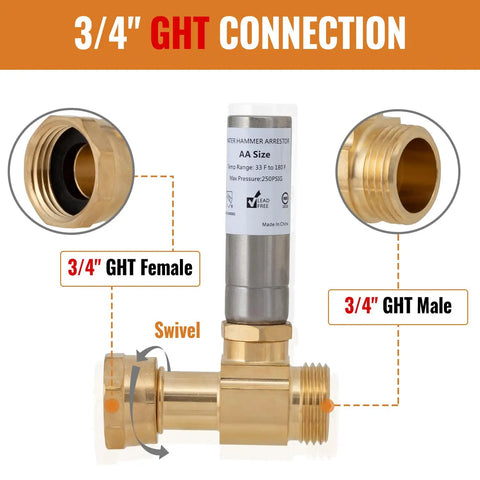 Three Quarter Inch GHT Washer Water Hammer Arrestor Straight Stainless Steel Connector From Three Quarter Inch Male To Three Quarter Inch Female, Includes Sealing Tape for No Hassle Install, Stops Hose Shock and Water Hammer in Washing Machines, brass fitting