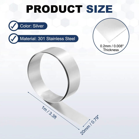 High Elasticity Stainless Steel Narrow Foil Strip Roll 0.2mm X 20mm X 1m for DIY showing size and material details