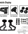 High Lift Jack Hood Mounting Bracket Kit For Jeep Wrangler JK 2007 To 2018 with brackets, washers, and screws displayed.
