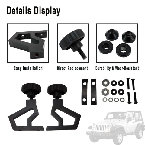 High Lift Jack Hood Mounting Bracket Kit For Jeep Wrangler JK 2007 To 2018 with brackets, washers, and screws displayed.