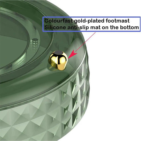 Close-up of 9 Inch Lazy Susan Turntable dark green, non-slip surface with gold-plated footmast and silicone anti-slip mat on base.