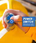 Close-up of the power switch on the Heavy Duty Battery Powered Gas Transfer Pump With Smart Auto Shut Off.