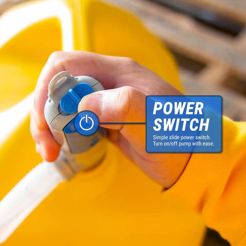 Close-up of the power switch on the Heavy Duty Battery Powered Gas Transfer Pump With Smart Auto Shut Off.