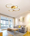 Modern 76W LED Chandelier Four Ring Flush Mount Ceiling Light in living room with soft ambient lighting 6000K cool white