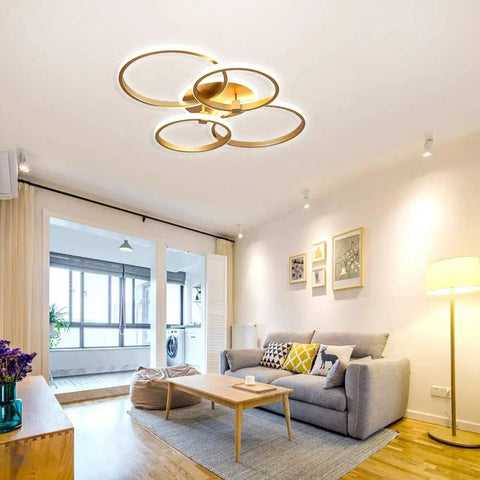 Modern 76W LED Chandelier Four Ring Flush Mount Ceiling Light in living room with soft ambient lighting 6000K cool white