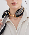 Woman wearing scarf with gold Two Piece Horse Bit Buckle Set Silk Scarf Buckle Ring D Ring Snaffle Bit Buckles For Women Diy