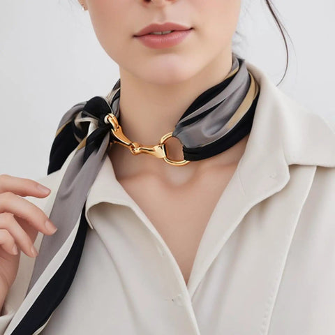 Woman wearing scarf with gold Two Piece Horse Bit Buckle Set Silk Scarf Buckle Ring D Ring Snaffle Bit Buckles For Women Diy
