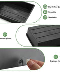 5 Pack Nursery Pots Trays With Removable Mesh Drainage Mats Durable BPA Free Plastic Seed Starter Trays 17 By 12 By 3.5 Inches With Drainage Holes Propagation Kit For Seedlings Microgreens Plant Germination Black shown with drainage hole detail and flexible plastic description